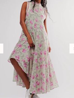 Free People Sleeveless Floral Maxi Dress in Sage and Pink